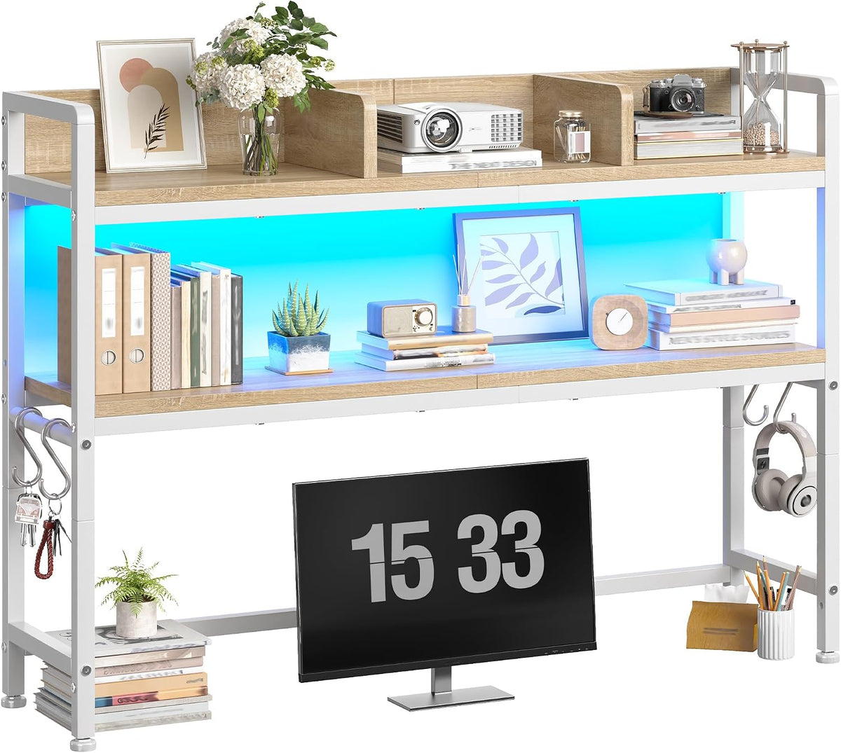 REIBII 2-Tier Desk Shelf, LED, Bedroom and Home Office, White