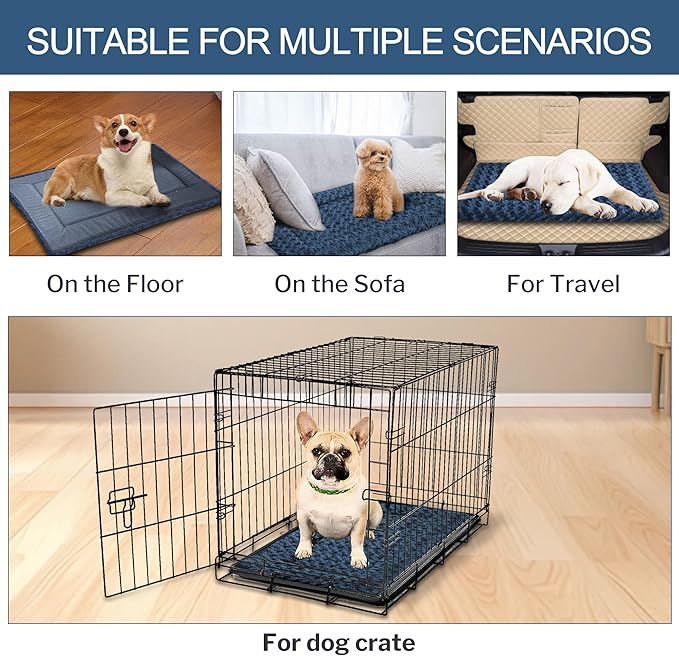 Washable Dog Bed Plush Orthopedic Outdoor Crate Mat with Non-Slip Bottom,Luxe Soft Kennel Pad for Pets, Cozy Cage Cushion & Pet Sleeping Mattress Large Sized,Medium,Small Dogs,24 x 18 inch,Blue