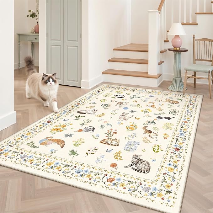 Soalmost Cat 4x6 Area Rugs, Machine Washable Animal Floral Accent Rug Non-Slip