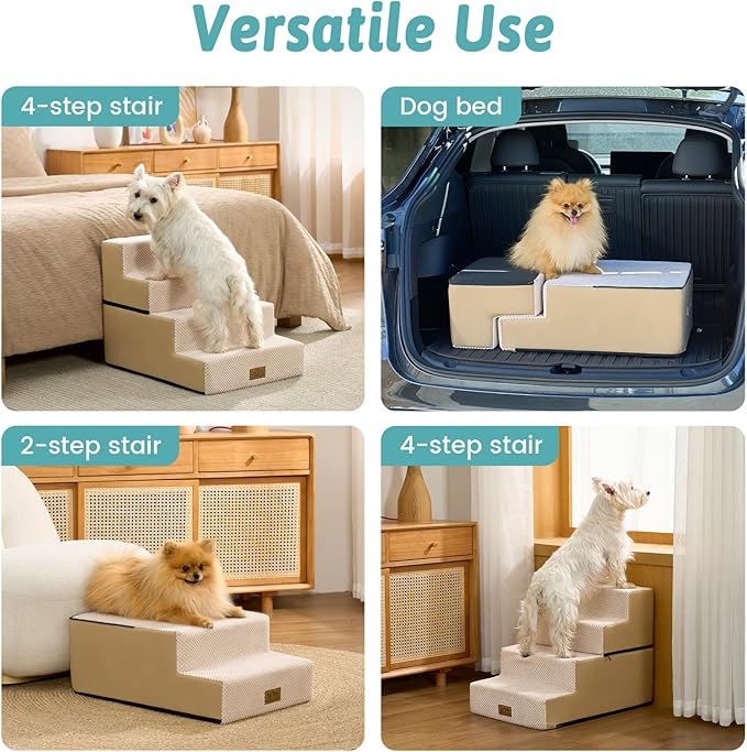 Dog Stairs for Small Dogs, 4 Tier Removable Wider Pet Stairs for Couch and Bed, 17.7" H Dog Steps for Old Cats, Puppy, Small Dogs, 17.7x23.6x17.7 inch, Beige