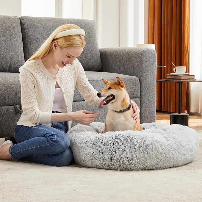 Sweetcrispy Donut Dog Bed, XL Large Round Calming Cat Bed with Washable Waterproof Cushion, Anti-Anxiety & Anti-Slip Fluffy Cuddle Cozy Faux Fur Plush for Pet Puppy Indoor Sleeping (37.4"x37.4", Gery)
