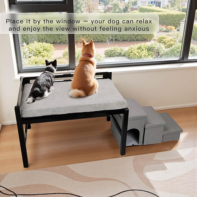 Bedside Dog Bed with Mattress - Raised Wooden Pet Cosleeper with Guardrail, Removable Mattress & 3-Step Foldable Stairs, Freestanding Bassinet-Style Elevated Dog Bed for Large Sized Dogs
