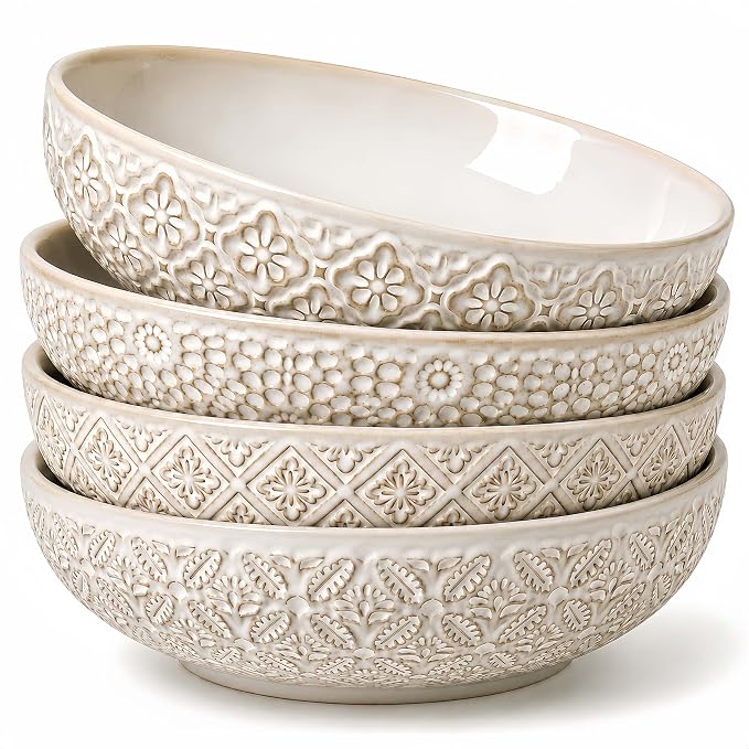 8 inch Pasta Bowls Set of 4, 22 Oz Ceramic Serving Bowls, Large Porcelain