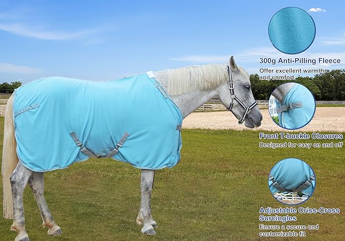 Horse Fleece Cooler, Blanket Liner - 300g Anti-Pilling Fleece, Moisture-Wicking, Cooling & Drying for Post-Workout, Bath & Travel, Prevent Overheating & Chilling Lightblue 81