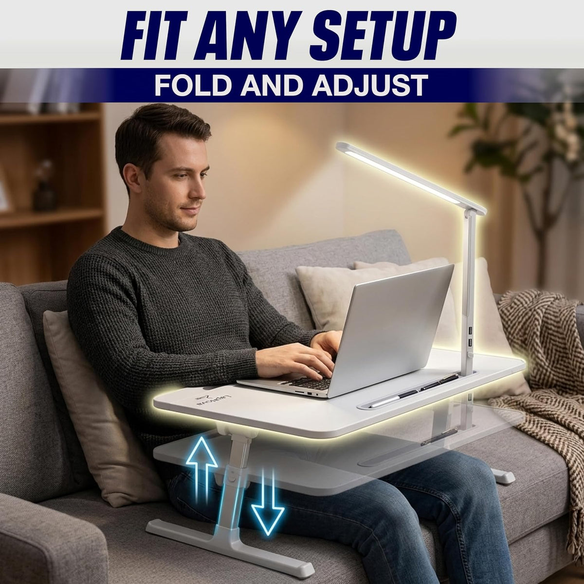 LED Adjustable Lap Desk with Portable LED Lamp and USB-C Charging Ports with Cord