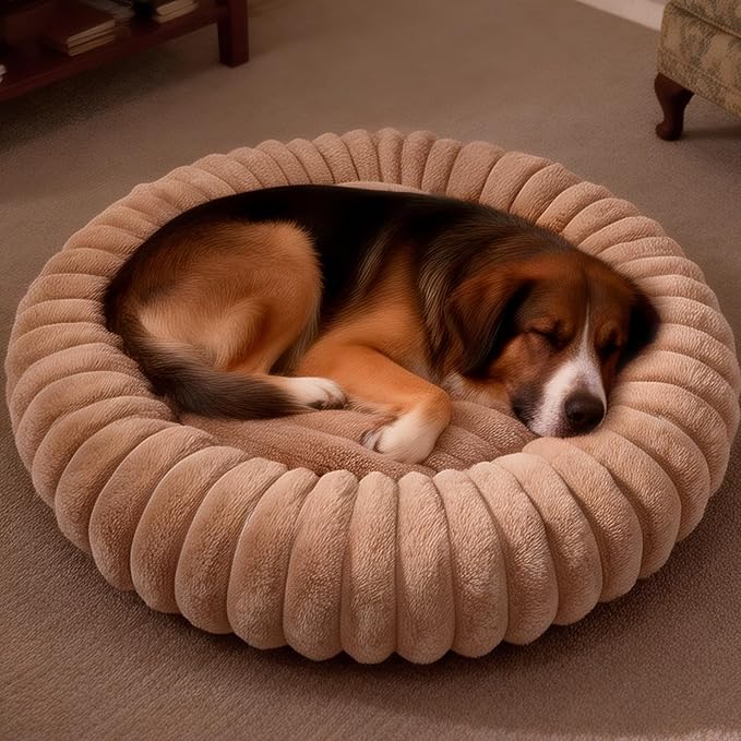 Donut Dog and Cat Bed, Luxurious Comfortable Faux Rabbit Fur Pet Beds, Round Anti-Anxiety Calming Puppy Kitten Bed with Anti-Slip Bottom for Small Medium Dogs & Cats(28", Brown)