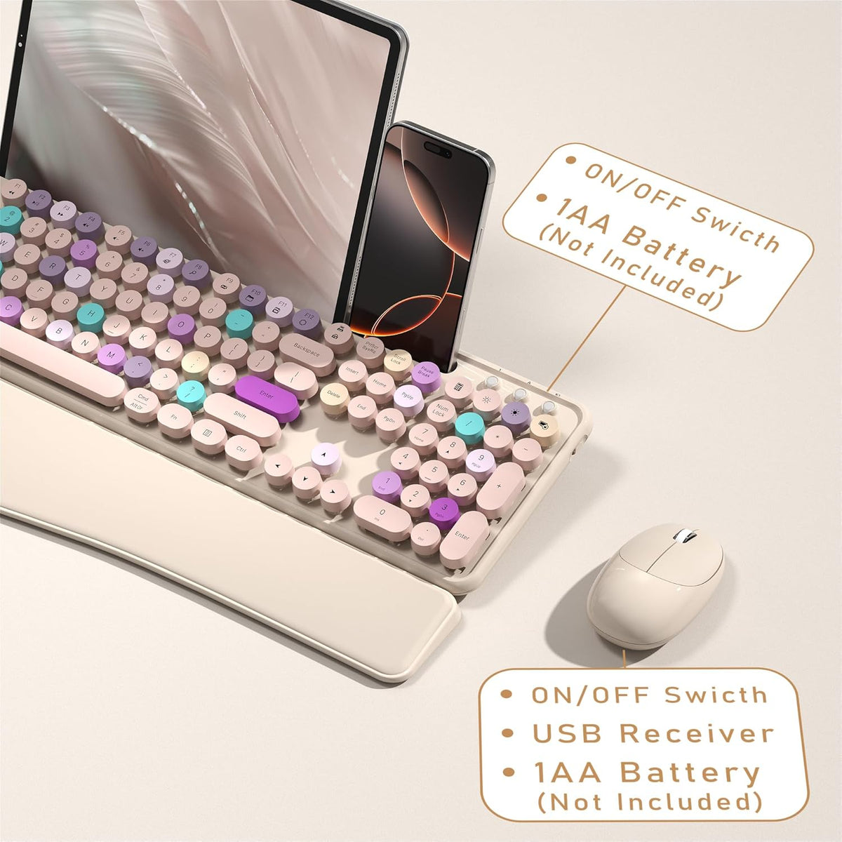 Wireless Keyboard and Mouse Combo with Phone Holder (Khaki)