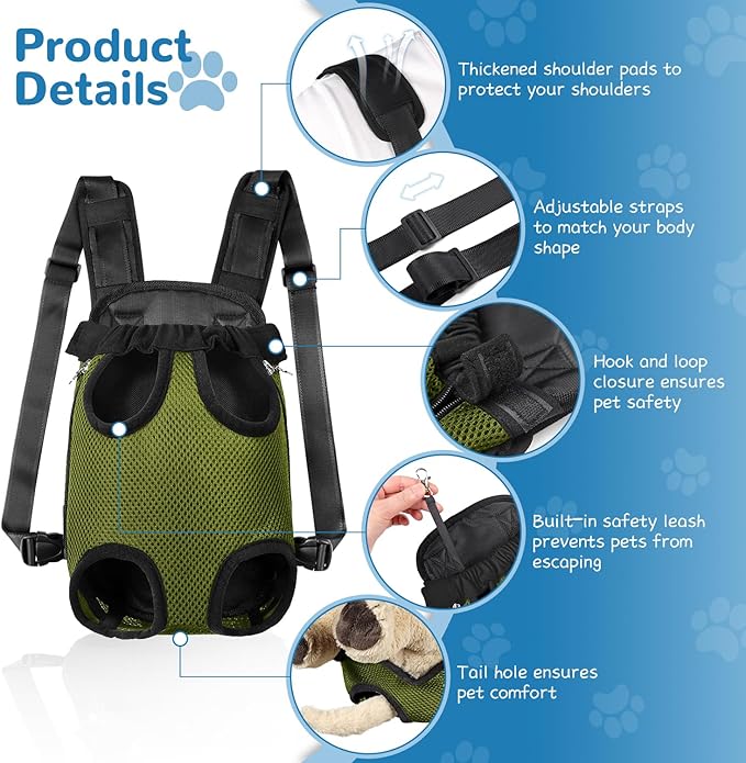 YUDODO Pet Dog Carrier Backpack Adjustable Dog Front Carrier, Legs Out Easy-Fit Dog Travel Backpack Carrier for Hiking Camping for Small Medium Dogs Cats and Rabbits (Medium (Pack of 1), Army Green)