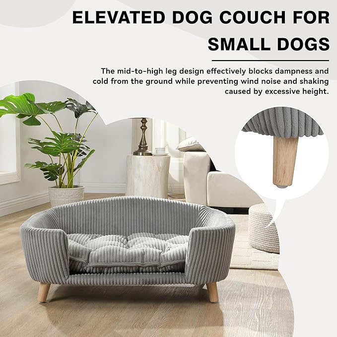 Dog Sofa Couch Bed for Small Dogs, Durable Corduroy Rectangle Pet Sofa with Soft Cushion, Modern Elegant Elevated Mini Dog Couch Bed with Backrest and Armrests, Gray