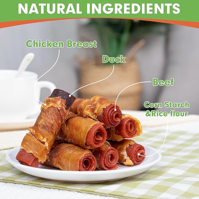MON2SUN Rawhide Free Dog Treats, 3 Inch Triple Flavor Chicken Wrapped Duck and Beef Rolls for Small Dogs, Healthy Snacks, 13.23oz