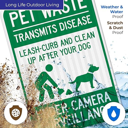 Pet Waste Leash Curb and Clean Up After Your Dog Under Camera Surveillance, 12x18 Inches, 3M EGP Reflective .063 Aluminum, Fade Resistant, Made in USA