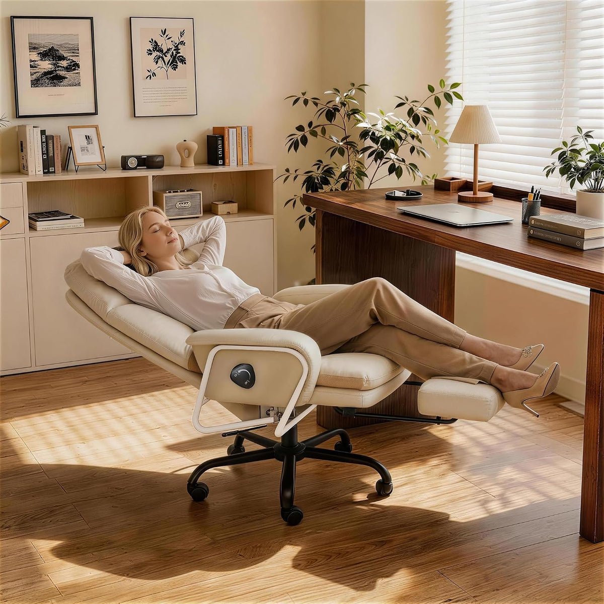180° Reclining Office Chair with Footrest, PU Leather, Beige