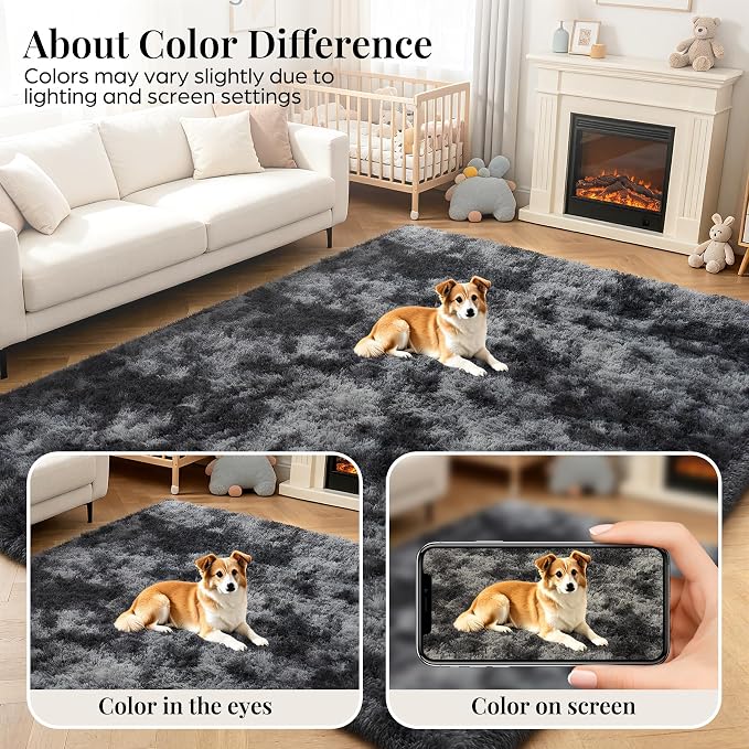 Area Rug for Living Room Bedroom: 9x12 Black Grey Soft Fluffy Shag Upgrade