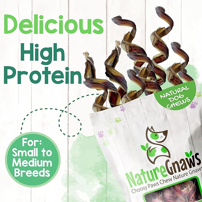 Nature Gnaws Pork Bully Stick Springs for Dogs 7-8" (12 Count) - Long Lasting for Small and Medium Dogs - Natural Bacon Dog Chew Treats - Rawhide Free