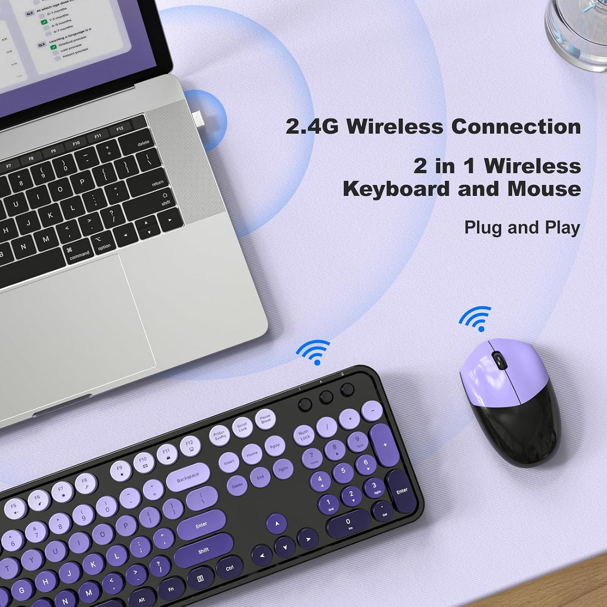 Wireless Keyboard and Mouse Combo, 2.4GHz Retro Full-Size Typewriter Keyboard with Number Pad and Wireless Mouse for PC/Laptop/Desktop/Windows (Black Purple Colorful)