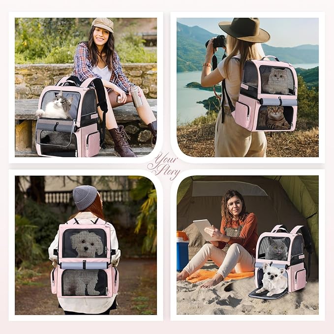 Lekebobor Double Cat Backpack Carrier for 2 Cats, Double-Compartment Pet Carrier Backpack for Two Small Cat or One Medium Cat, Cats Carrier Backpack Dog Carrier Backpack Fits Up to 24 Lbs,Pink