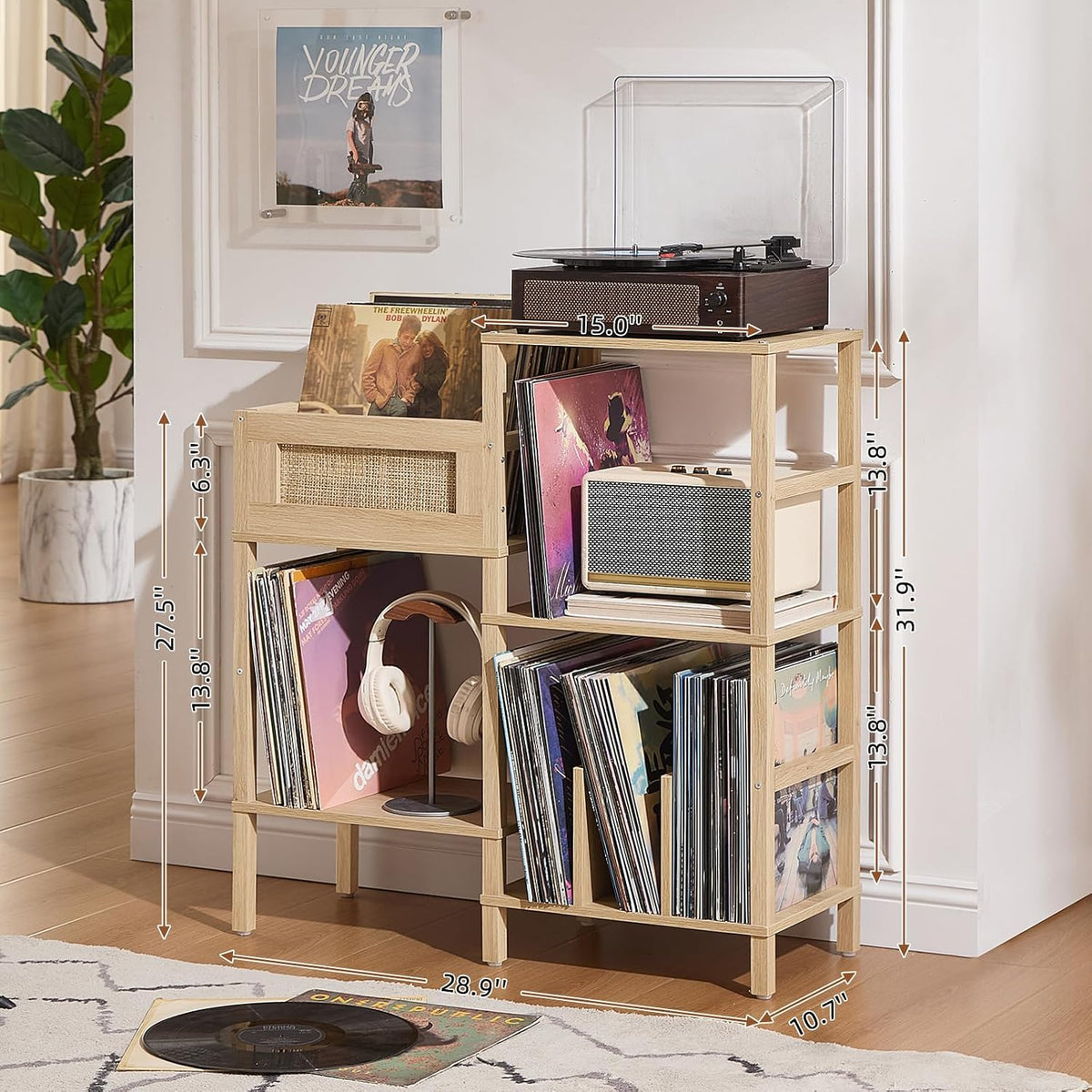 LELELINKY Record Player Stand, Natural Oak Wood Record Holder with Vinyl Storage Holds up to 300+ Albums, 3-Tier Rattan Media Table with Vinyl Display Shelf, Record Storage Cabinet for Living Room