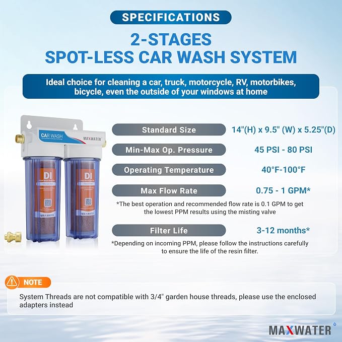 Max Water 2 Stage Deionized Spot Free Car Rinse Unit, Premium Water Deionizer