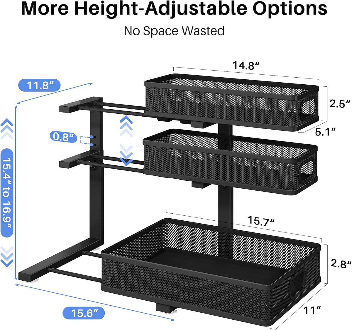 Under Sink Organizer, 3-Tier Thickened Metal Pull out Cabinet Organizer Shelf, Height Adjustable Slide out Storage Drawer Rack for Kitchen Bathroom Pantry Laundry Home Organization, 1-Pack, Black