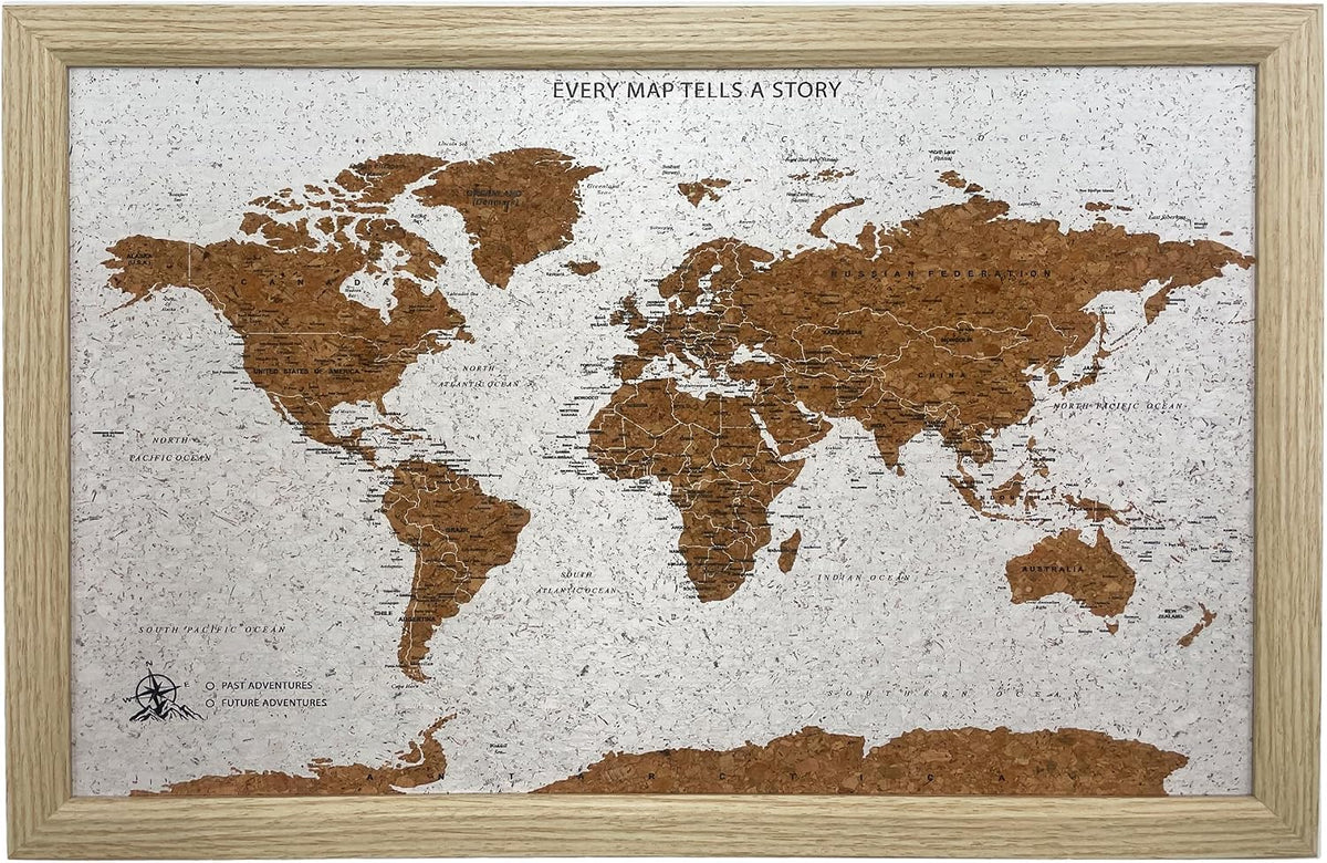 Gleneagles World Travel Map Pin Board - Beige Cork, 70 Pins, Wall Decor