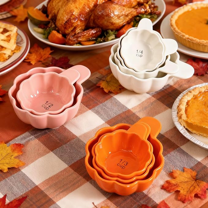 Pumpkin Ceramic Measuring Cups, 4-Piece Set, ⅓ & ¼ Cup Sizes, Baking & Cooking