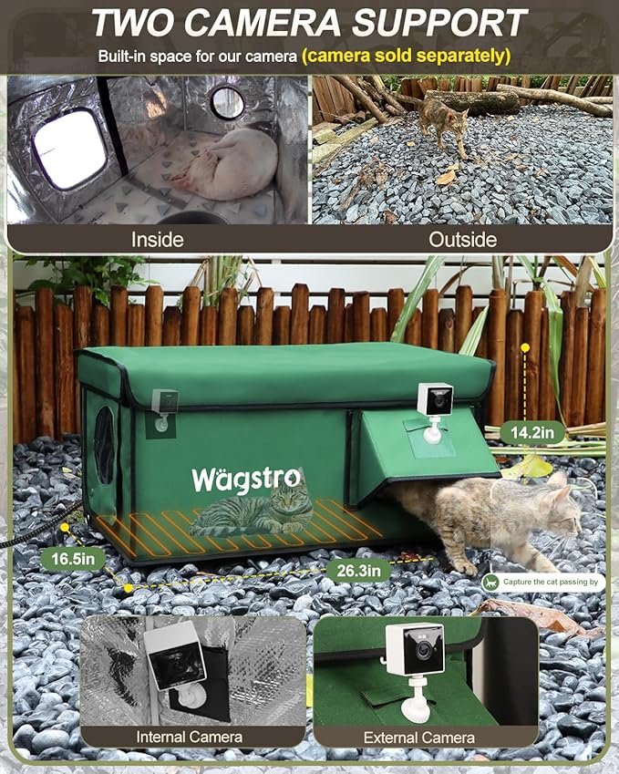Heated Cat House for Outside, Waterproof Awning & Escape Door Heated Cat Houses for Indoor/Outdoor Cats in Winter, Elevated & Insulated Outdoor Cat Shelter for Feral Cat(Green, 25.2"x16.5"x12.2")