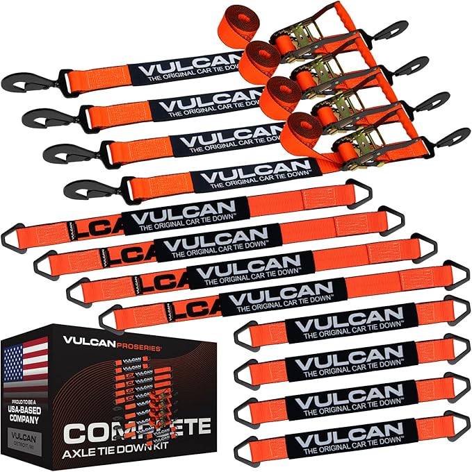 VULCAN Complete Axle Strap Tie Down Kit s - PROSeries - Includes (4) 22 Inch Axle Straps, (4) 36 Inch Axle Straps, and (4) 8' Snap Hook Ratchet Straps