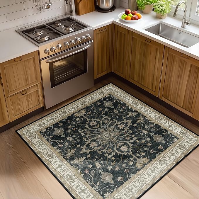 RELEANY Area Rugs Square 4ft Washable Non-Slip, Floral Vintage Distress