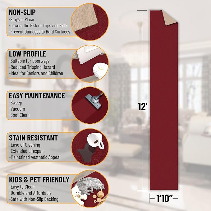 Ottomanson Hallway Runner Rug Non Slip Solid Area Rugs, Solid Red