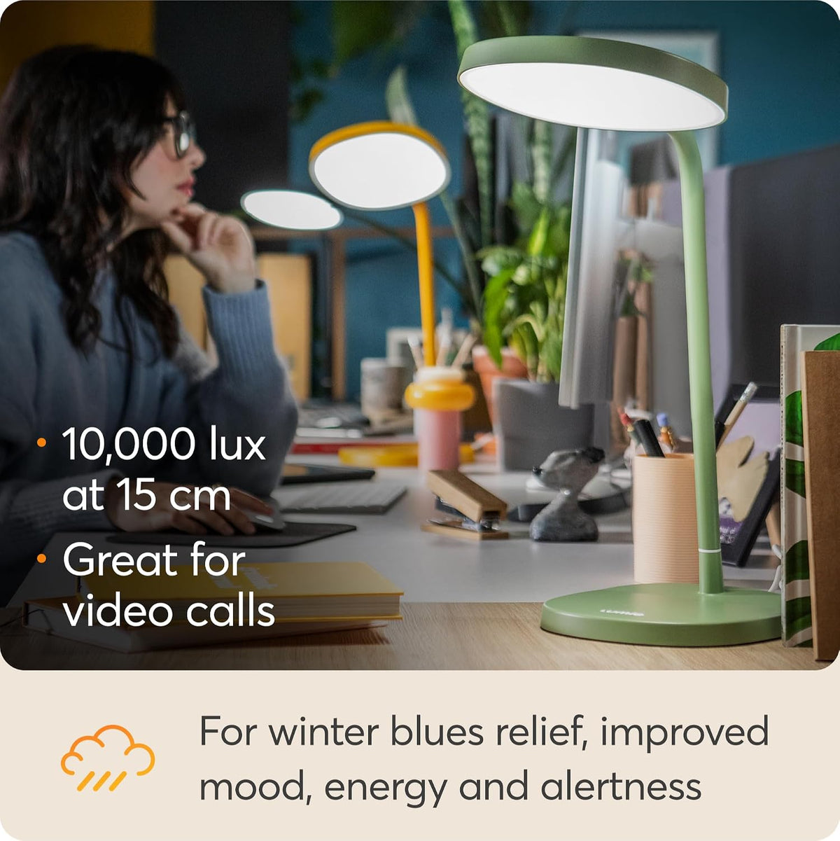 Lumie Task - 10,000 Lux Adjustable Bright Light Therapy Desk Lamp for Mood and Energy Boost and Winter Blues Relief, Crystal Clear Illumination and Maximum Visual Comfort - White Mist (Sage Green)