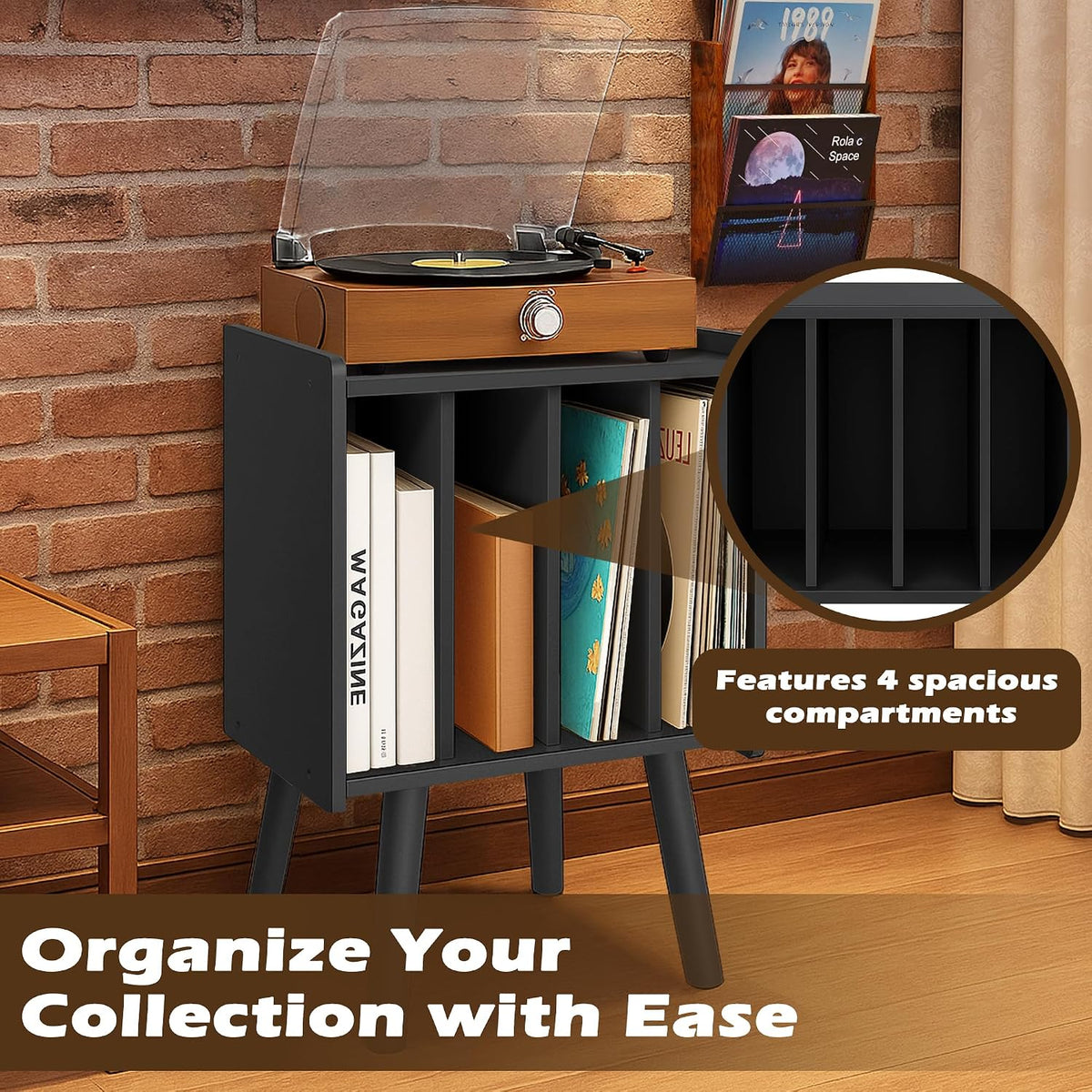 Record Player Stand, Vinyl Record Storage Table with 4 Cabinet, Mid Century Modern Turntable Stand, Organizer Vinyl Table for Bedroom Living Room (Black)