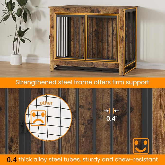 Dog Crate Furniture, 38 Inch Indoor Dog Kennel for Medium Dogs Up to 50 LBS, Heavy Duty Wooden Pet Cage End Table with 3 Doors, Alloy Steel Frame & Removable Tray