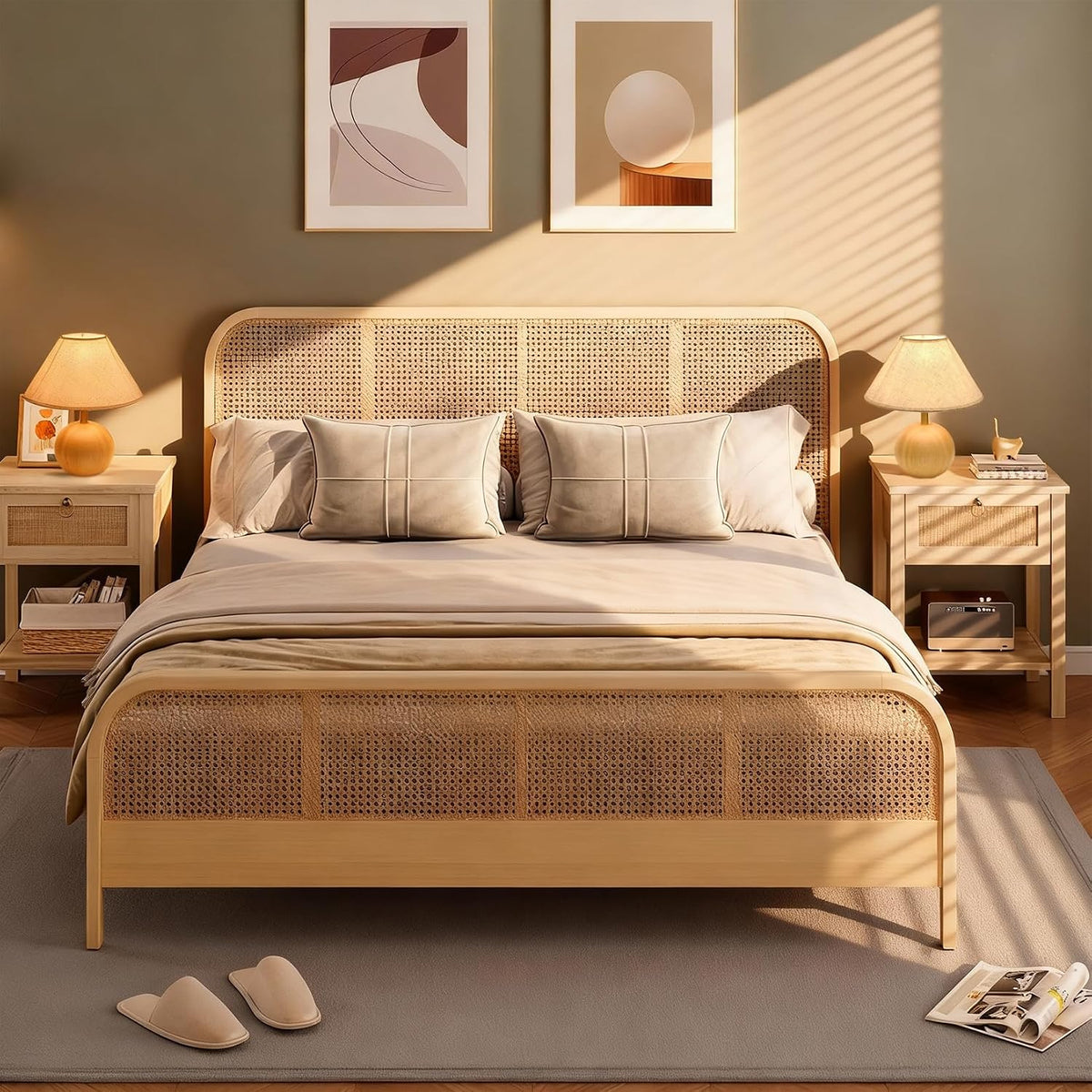 Wood Table Lamp for Bedroom, Flaxen Fabric Shade Small Desk Lamp for Living Room,Décor Ambient Bedside Lamps for Night Stands,LED Bulb (not Included)
