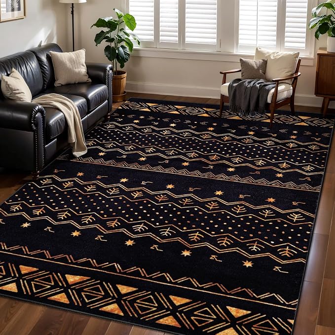 SERISSA 4x6 Area Rugs for Living Room, Washable Non-Slip Black and Gold Boho Rug