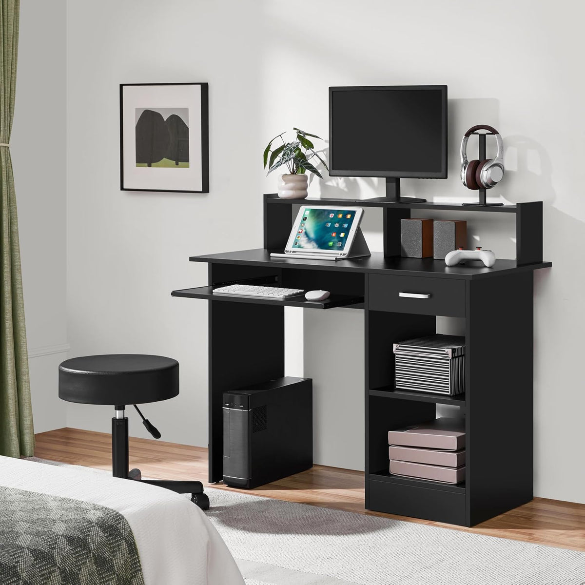 Yaheetech Computer Desk with Keyboard Tray, Drawers, and Shelves, Black