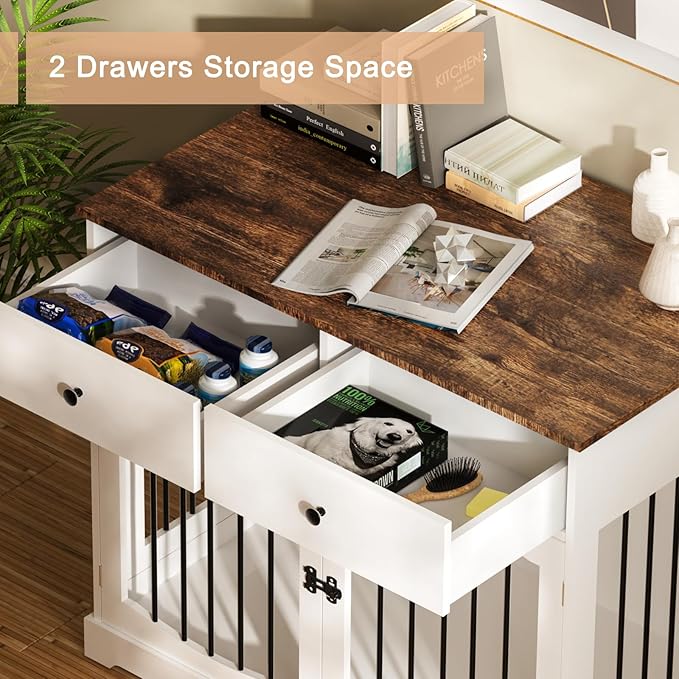 BREEZEHEAT 40 inch Dog Crate Furniture-Farmhouse Dog Kennel with Drawers-End Table Wooden Pet Crate, Double Door Design, Decorative Dog House Indoor for Small Medium Large Dog,Off White