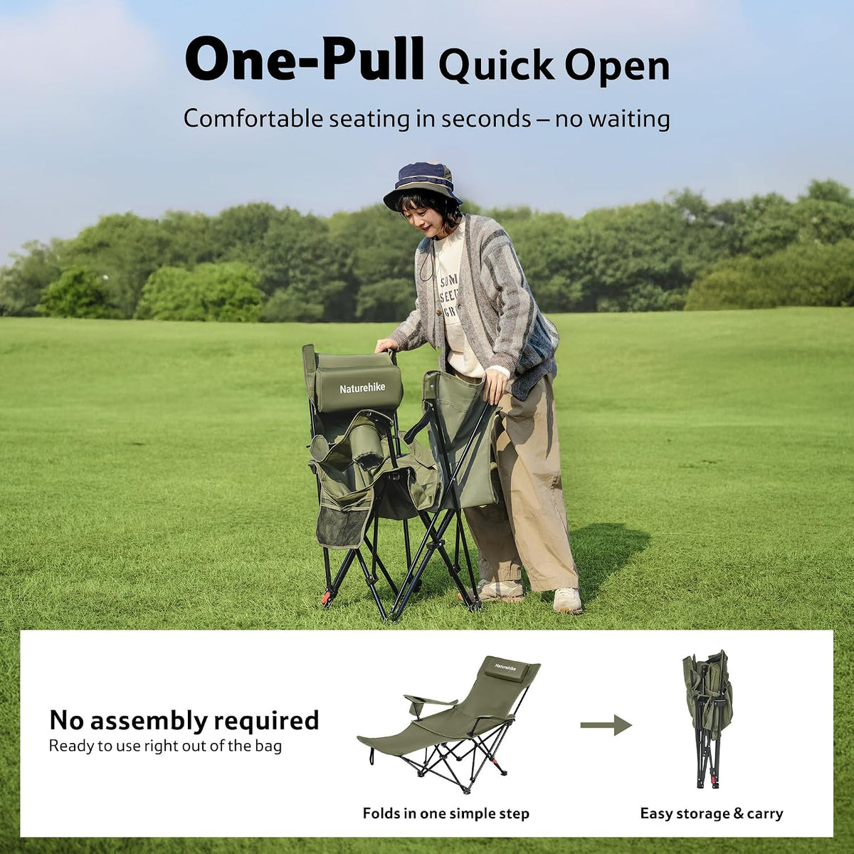 Naturehike 3-Position Adjustable Recliner with Footrest, Heavy Duty Folding Camping Chair, Portable Lounge Chair with Carry Bag, Cup Holder & Side Pocket for Beach, Patio, Lawn – Supports 330 lbs