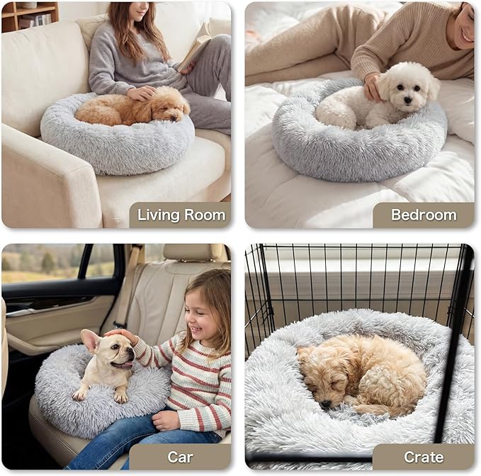 Calming Dog Bed, 20" x 20" x 6" Fits Cat & Dog, Anti-Slip Round Washable Faux Fur for Doze Off, Napping Orthopedic, Grey