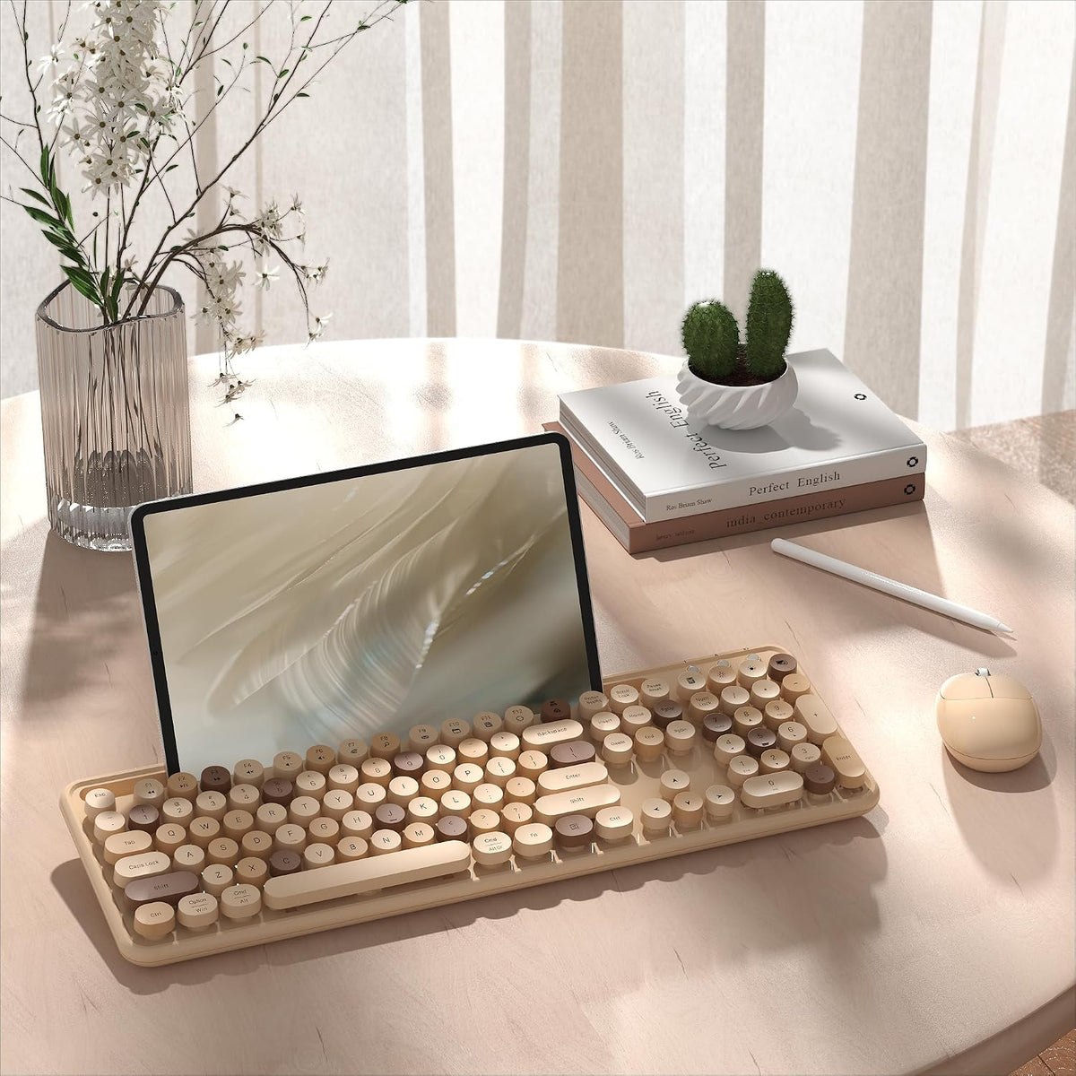 Wireless Keyboard and Mouse Combo with Phone Holder (Milk Tea)