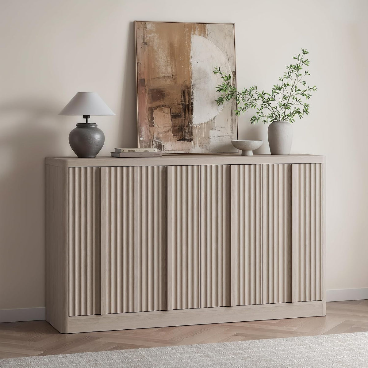 YANSNWO 60" Fluted Buffet Cabinet with Solid Wood Handles, White Alder(1PC)