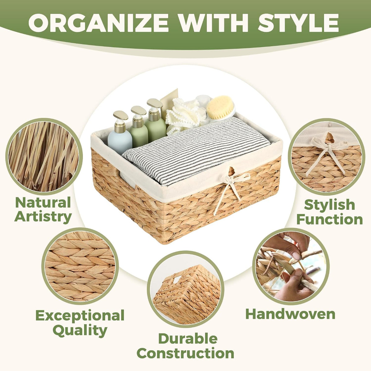 Wicker Shelf Storage Baskets for Organizing - Natural Water Hyacinth Woven Basket Organizers & Storage for Shelves w/Handles & Cotton Liner for Home & Pantry Decor Organization, Large 15” x 12” x 6”