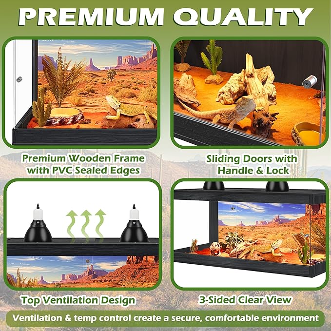 Royxen Bearded Dragon Tank, Tempered Glass Reptile Terrarium with Metal Mesh Top, 3-Side Clear Anti-Scratch Glass Lizard Tank for Reptile Habitat (Black, 82 Gallons,48" Length)