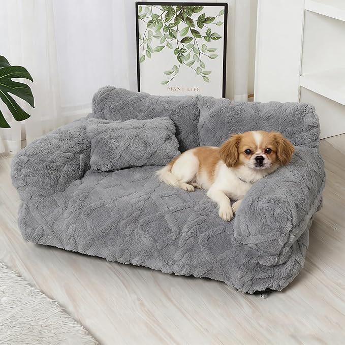 Plush Calming Pet Sofa Bed, Raised Rim, Removable Cover & Non-Slip Bottom for Cats & Dogs, Calming Dog Bed Fluffy Plush Dog Mat for Furniture Protector with Removable Washable Cover (Grey, Small)