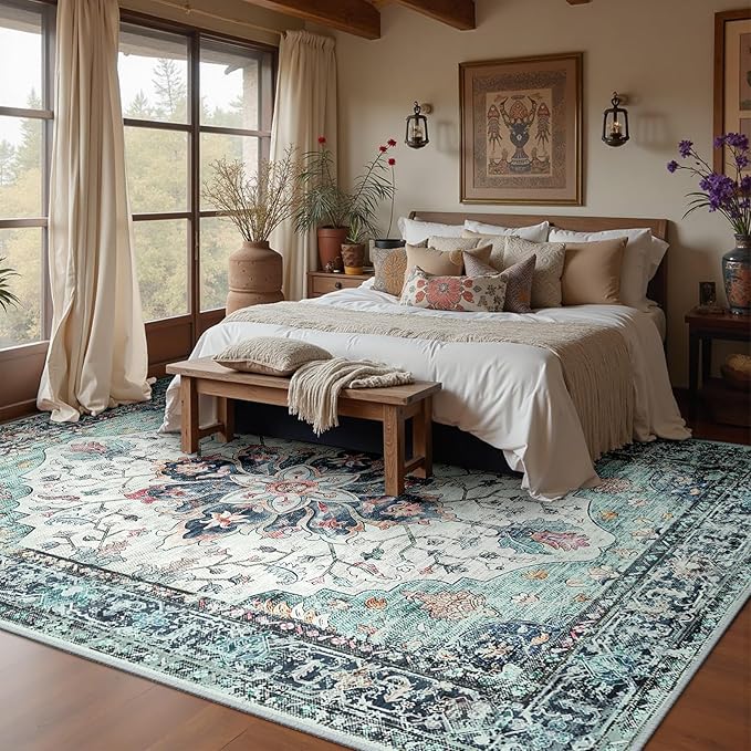 RELEANY Area Rugs 8'x10' Washable Non-Slip, Floral Vintage Distress Medallion