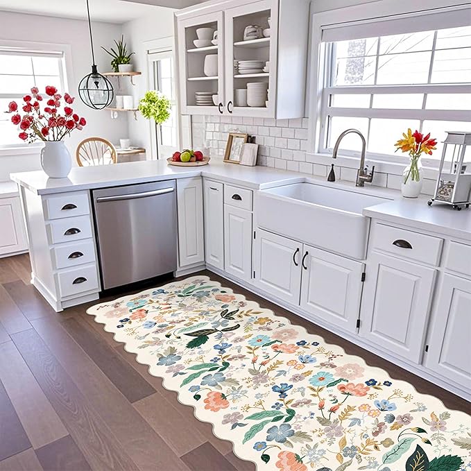 3x10 Washable Hallway Runner Rug: Long Floral Scalloped Soft Runners