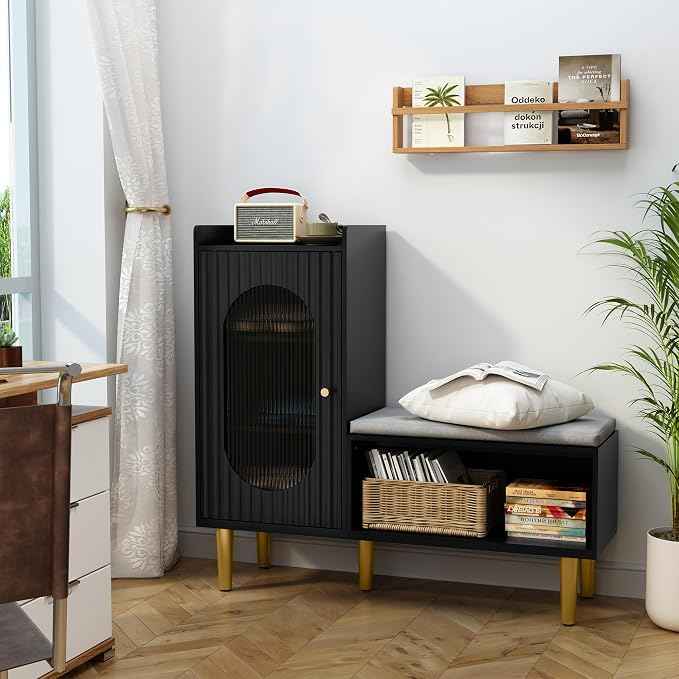 HLR Storage Bench with Glass Door&Shelf, Modern Entryway Shoe Cabinet Bench