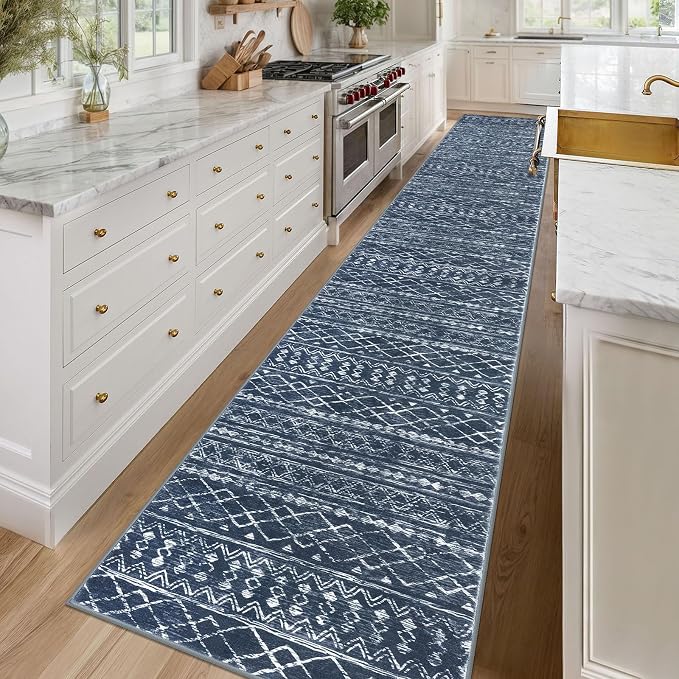 KUTA Boho Runner Rug for Hallway 2.6x16 Moroccan Washable Navy Blue Rugs