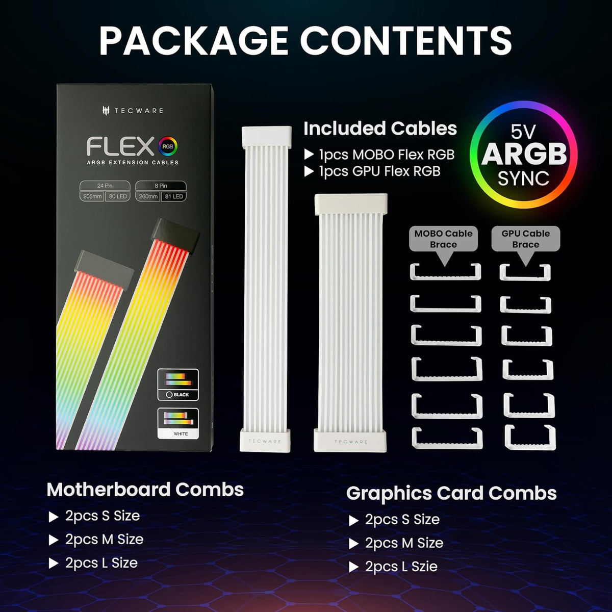 TECWARE Flex RGB Cable Cover Kit | Compatible with 24-Pin Motherboard and 8-Pin/16-Pin GPU | ARGB PSU Cable Extension with 5V 3-Pin Sync | RGB Lighting Kit for PC Cables | White
