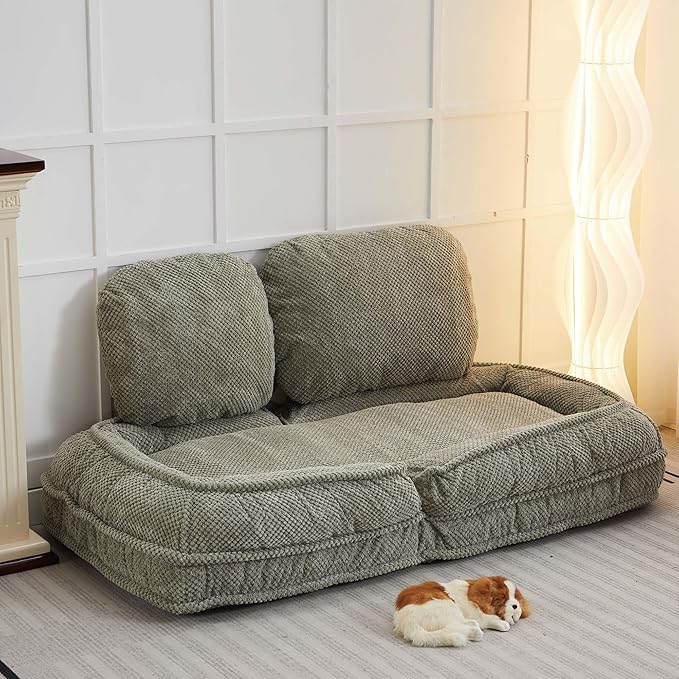 Human Dog Bed for Adult and Kids, Comfy Foldable Lazy Floor Sofa Bed with 5 Adjustable Position, Grey Upholstered Floor Bean Bag Lounger Chair for Bedroom, Living Room,Office (Green)