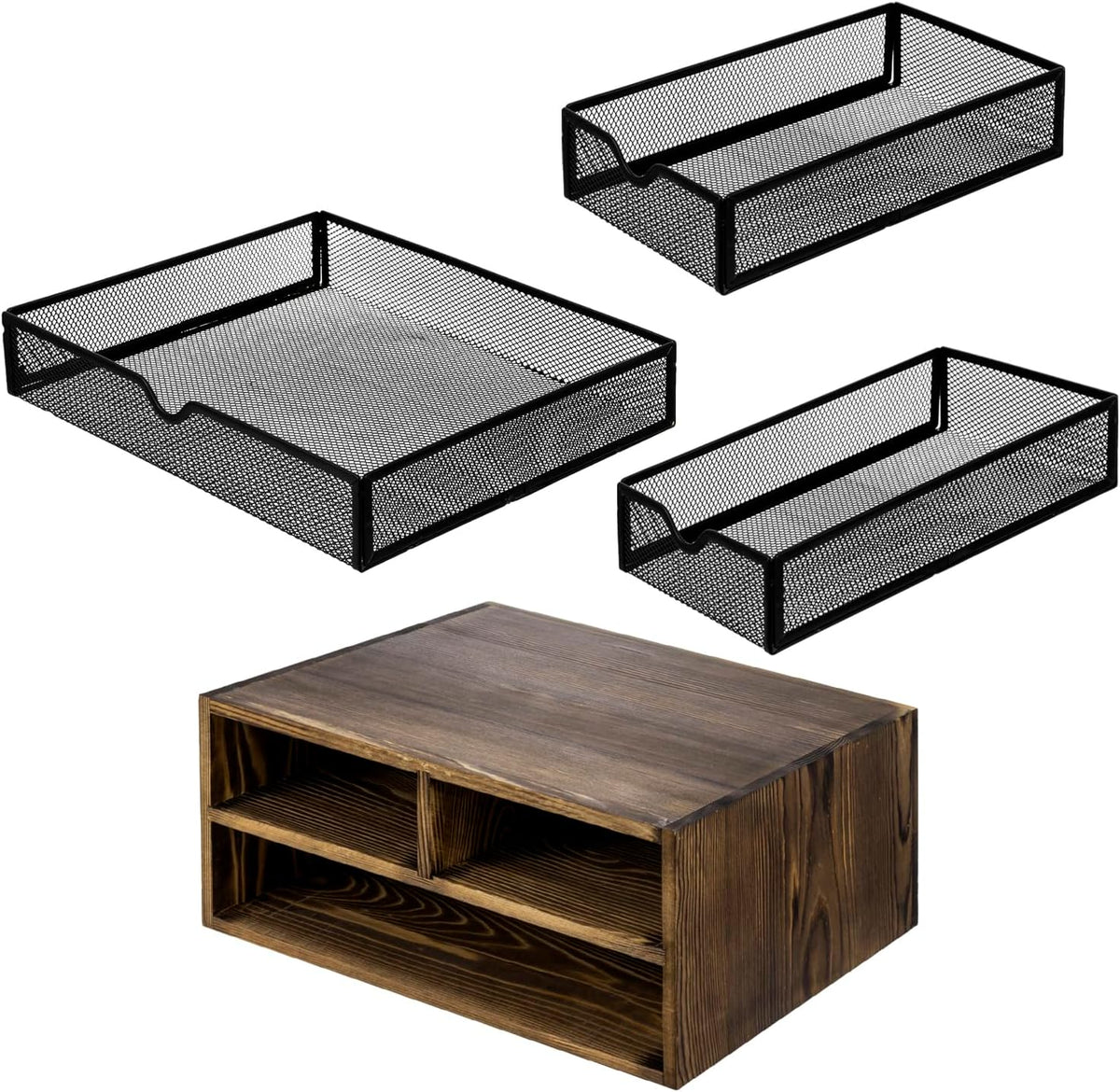 MyGift Rustic Burnt Brown Solid Wood Desktop Organizer Box with 3 Removable Black Metal Mesh Trays, Office Desk Supplies Storage Drawers for Accessories
